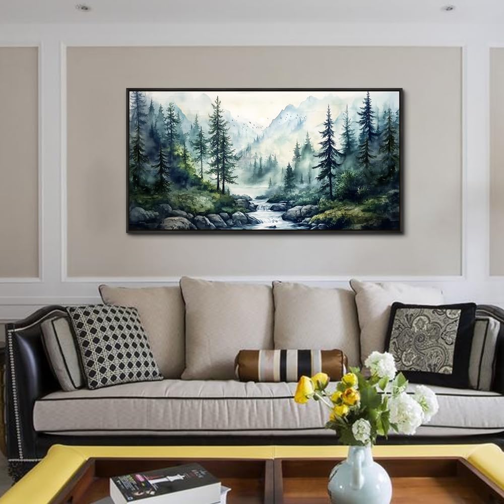 ZUITINGHUA Large Black Framed Wall Decor For Living Room Canvas Wall Art For Office Modern Wall Decorations For Bedroom Misty Forest Painting Tree landscape Pictures Artwork Home Decor 24x48 In