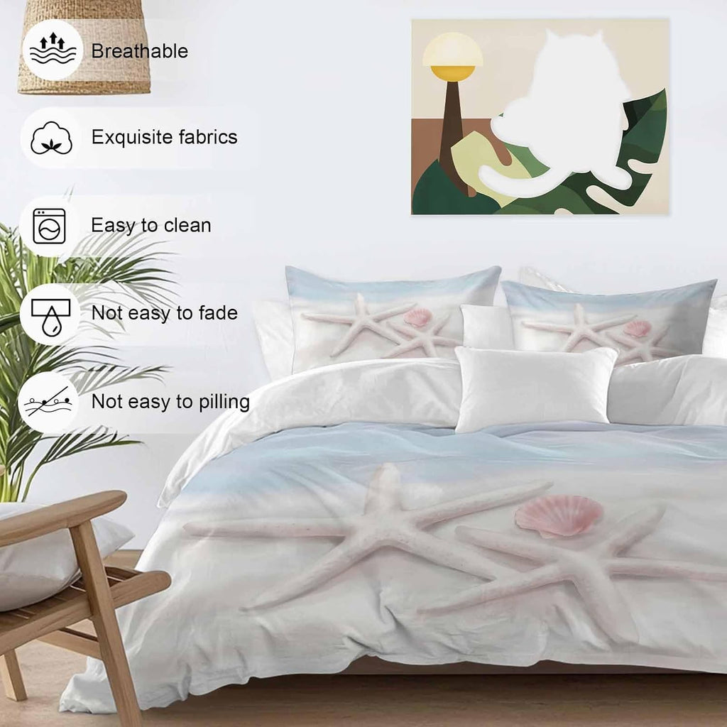 Prime Leader Starfish Shell Duvet Cover Set Queen Size 4 Pieces Summer Ocean Beach Coastal Bedding Set with Zipper Closure, 1 Comforter Cover 90x92 Inches 1 Flat Sheet & 2 Pillow Cases