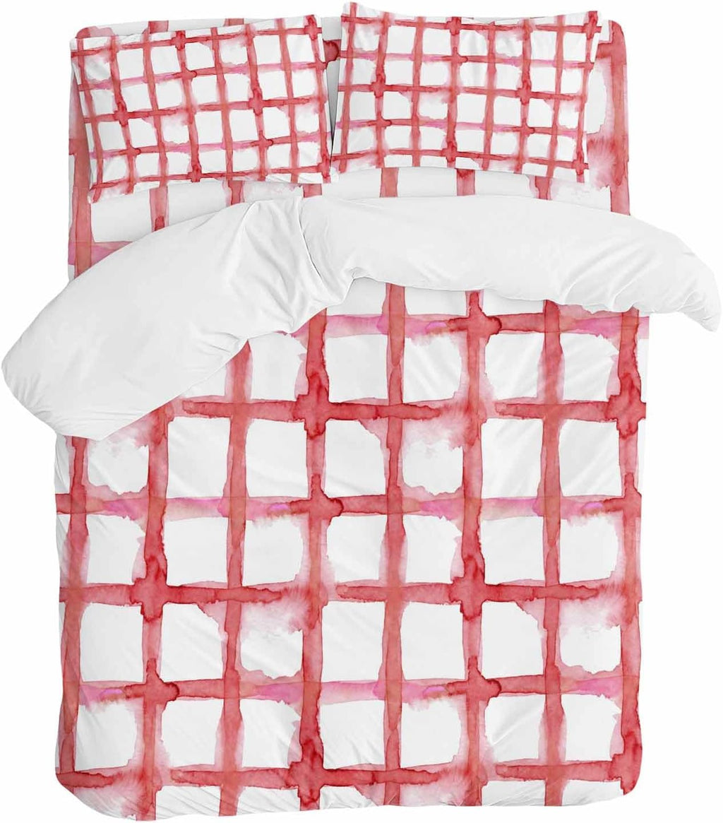 Retro Red Checkered Duvet Cover Set Queen Size 4 Pieces Watercolor Lines Geometric Minimalist Bedding Set with Zipper Closure, 1 Comforter Cover 90x92 Inches 1 Flat Sheet & 2 Pillow Cases
