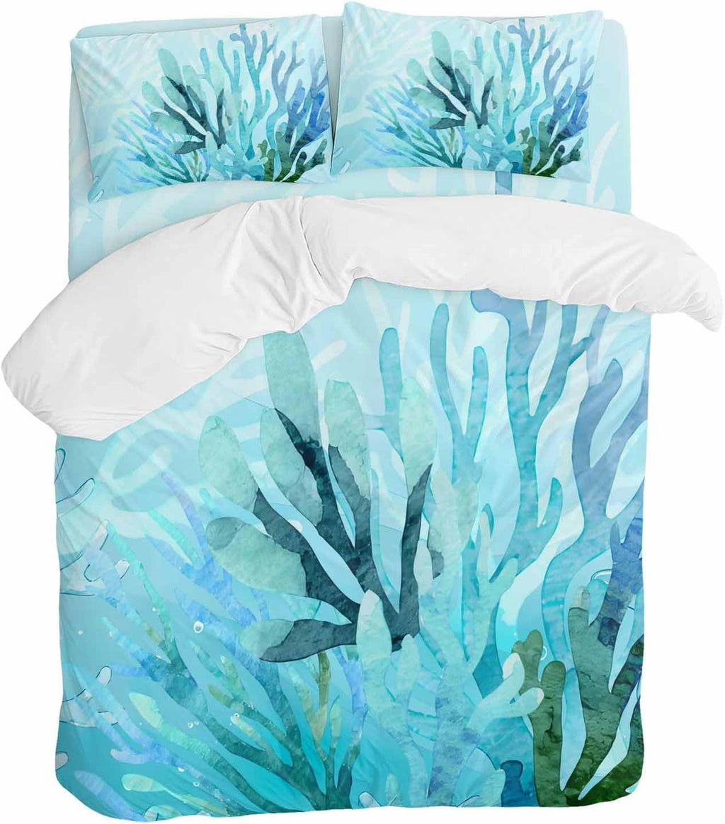 Prime Leader Blue Gradient Coral Duvet Cover Set Queen Size 4 Pieces Ocean Coastal Sea Watercolor Coral Bedding Set with Zipper Closure, 1 Comforter Cover 92x106 Inches 1 Flat Sheet & 2 Pillow Cases