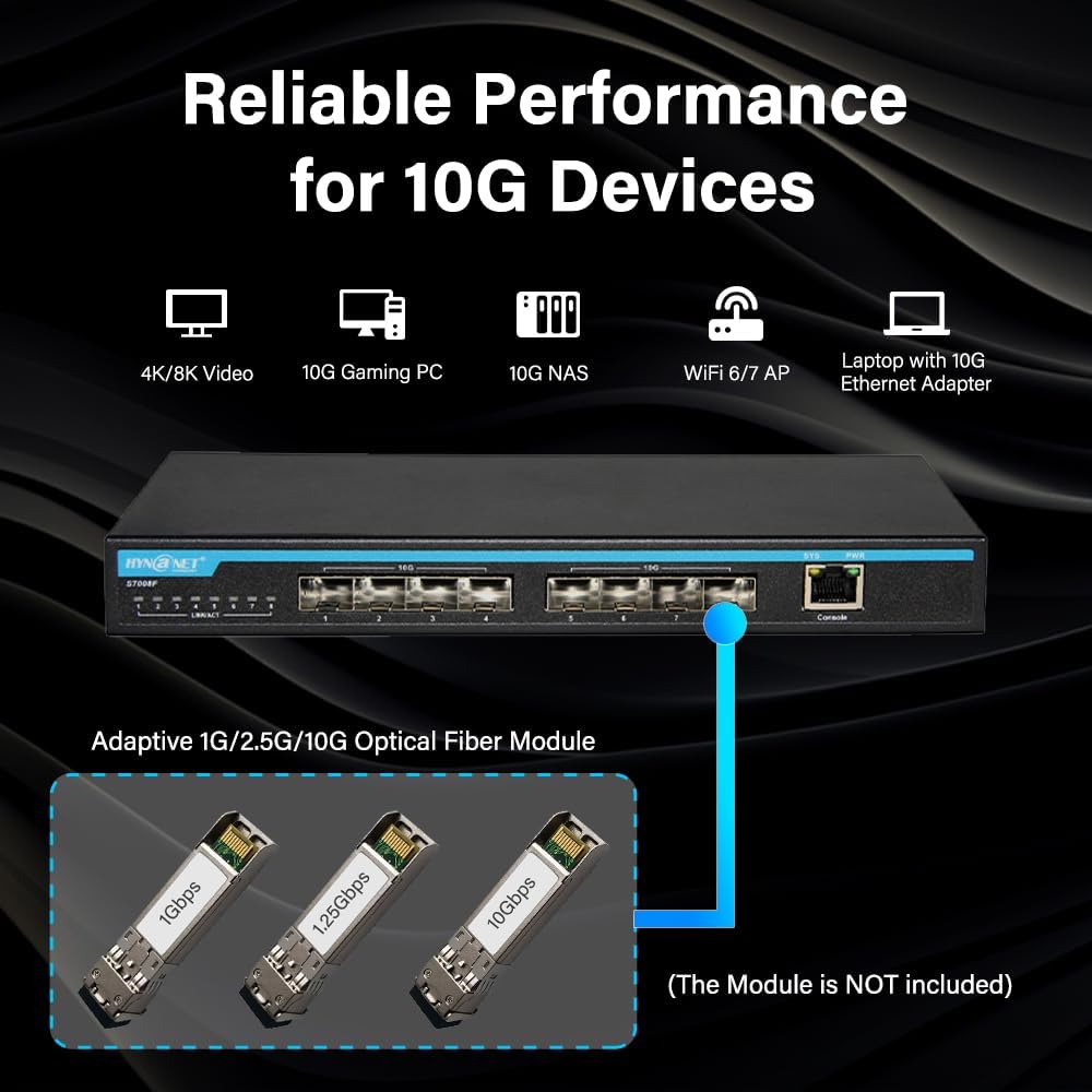 8-Port 10Gb SFP+ Layer 3 Managed Switch | Supports VLAN, QoS, LACP, OSPF, BGP | Desktop/Wall Mount | for Office, NAS, Workstation