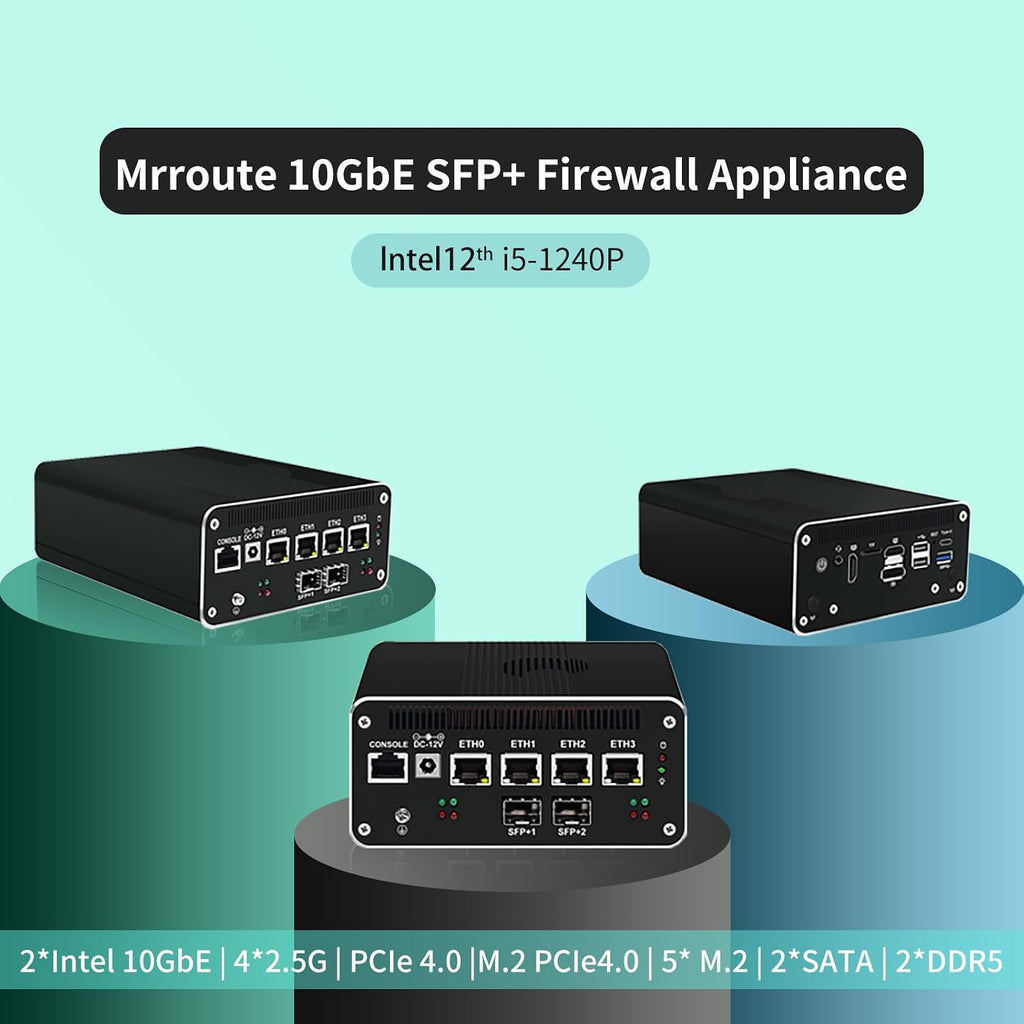 Firewall Mini PC i5-1250P(12C/16T,Up to 4.4GHz),2xSFP+10GbE Ports,16G RAM 512G SSD Mini Home Server Computer,4xi226-V 2.5GbE,HDMI+DP Triple Display,1xConsole Micro PC