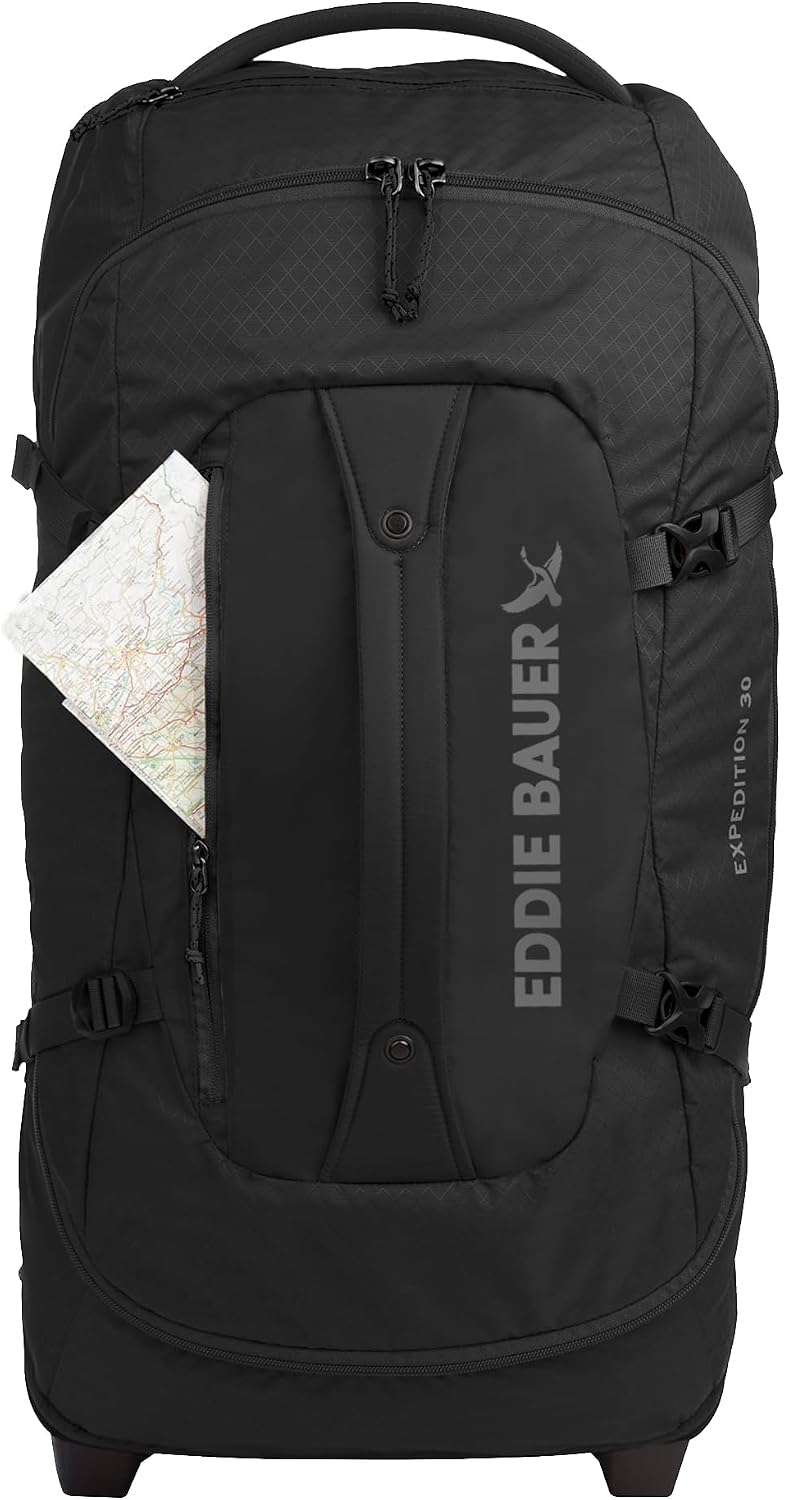 Eddie Bauer Expedition Rolling Duffel Bag with Wheels | Travel | Check-In | Luggage | Rugged | Durable - Black, 30'