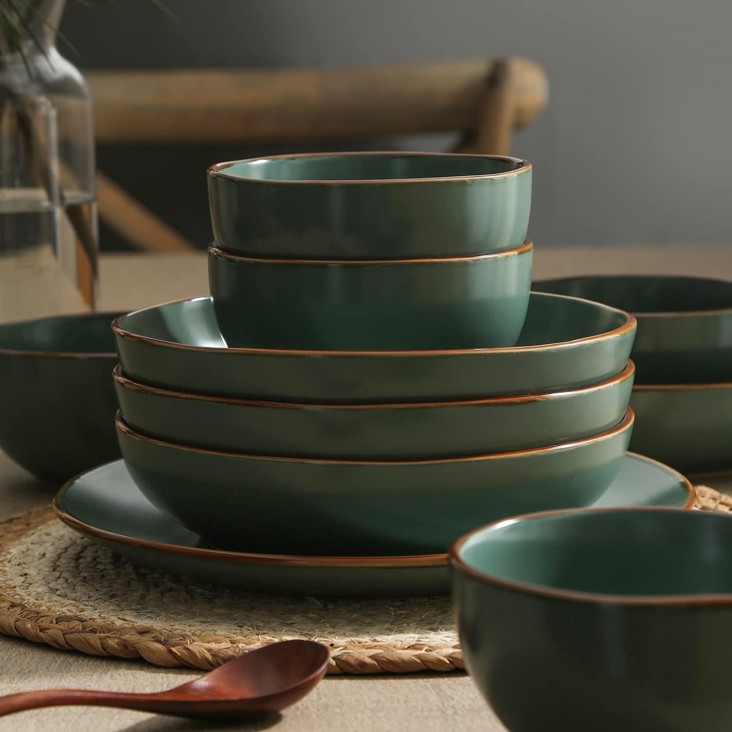 Stone Lain Brasa Stoneware 32 Piece Modern Dinnerware Sets, Plates and Bowls, Service for 8, Green, Microwave & Dishwasher Safe