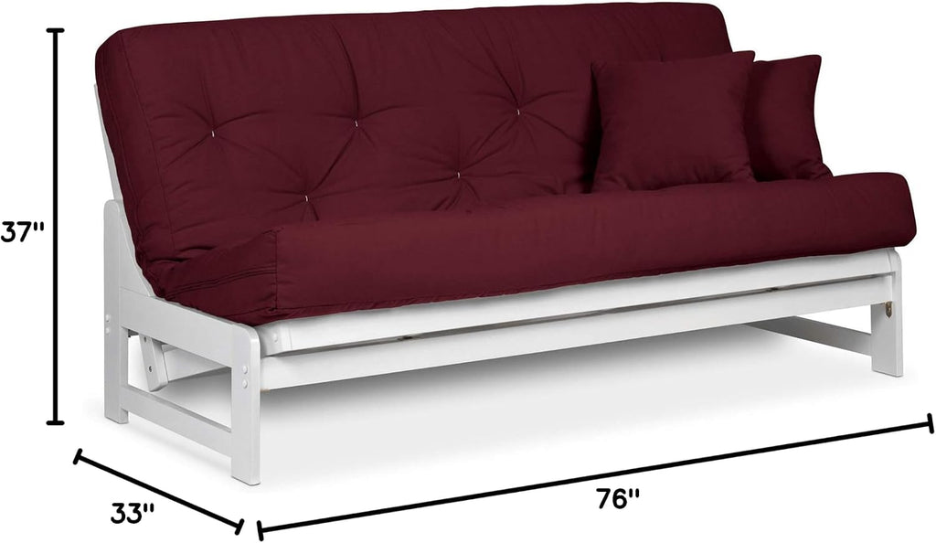 Nirvana Futons Arden White Futon Set Full or Queen Size - Armless Wood Futon Frame with Mattress Included (Twill Burgundy), Space Saving Modern Sofa Bed Sleeper