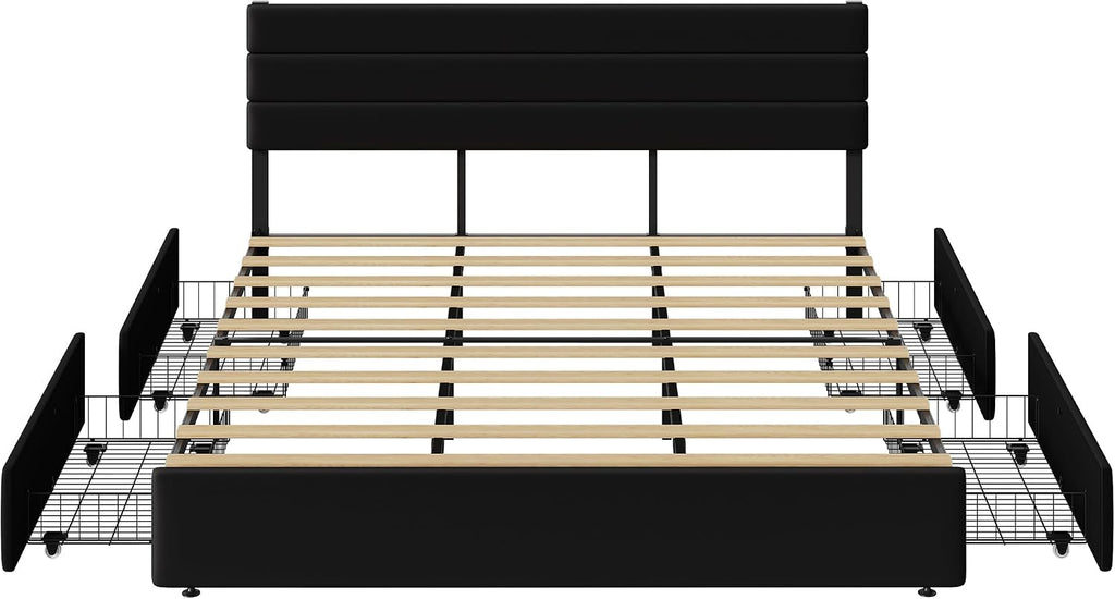 WLIVE King Size Upholstered Bed Frame with 4 Storage Drawers and Headboard, Velvet Platform Bedframe, Sturdy Metal & Wooden Slats Support, No Box Spring Needed, Easy Assembly, Black