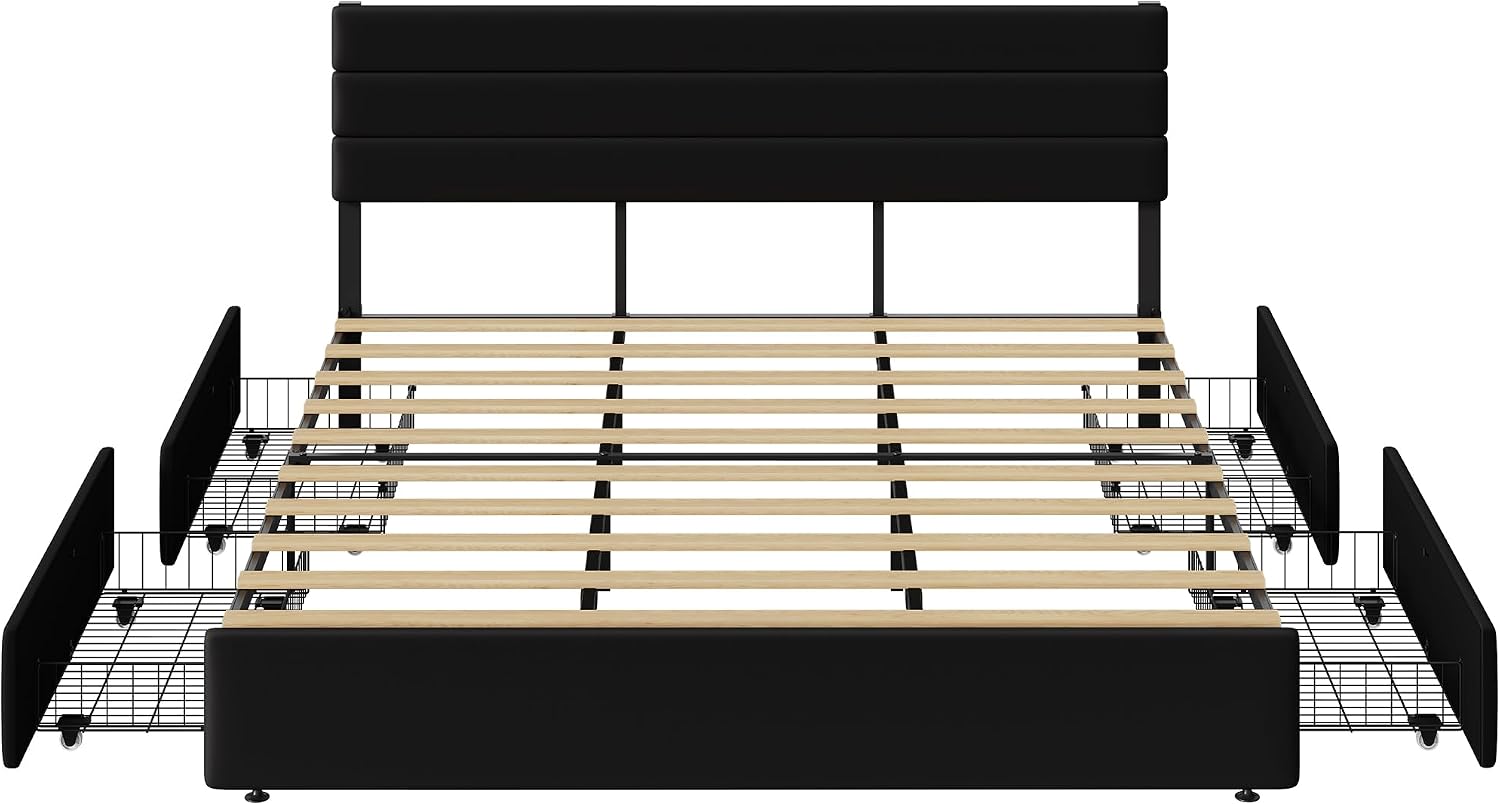 WLIVE King Size Upholstered Bed Frame with 4 Storage Drawers and Headboard, Velvet Platform Bedframe, Sturdy Metal & Wooden Slats Support, No Box Spring Needed, Easy Assembly, Black