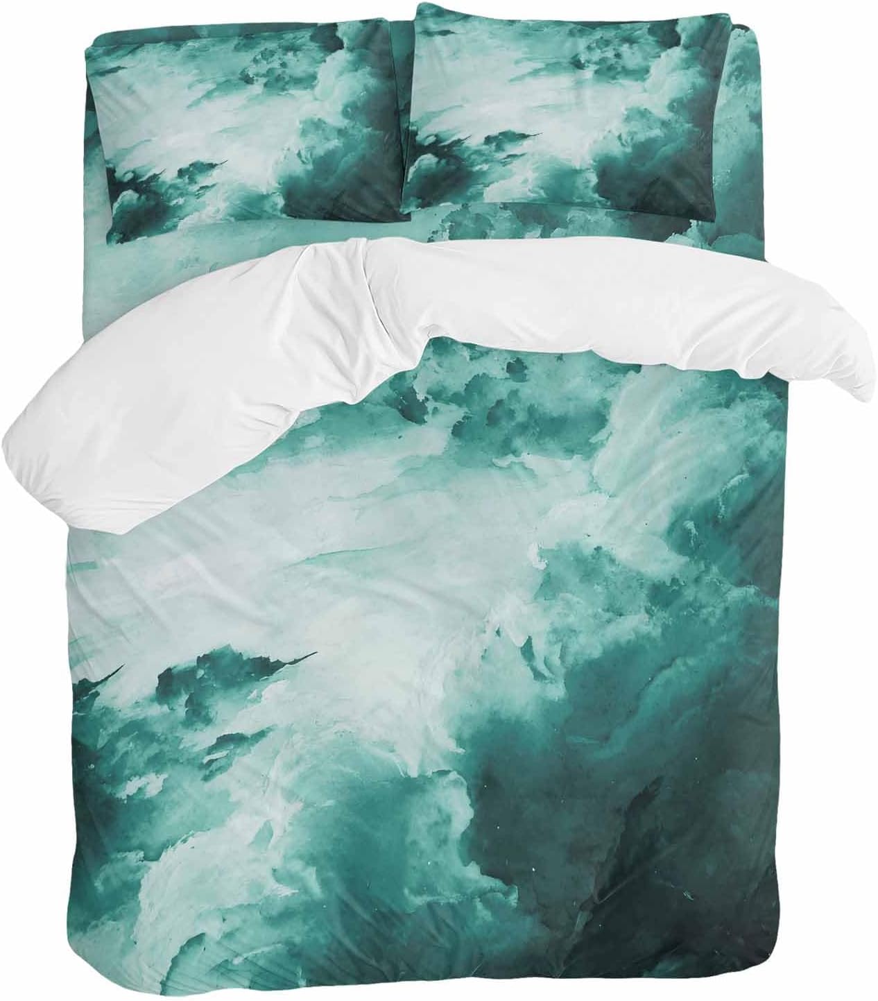 Prime Leader Clouds Duvet Cover Set Queen Size 4 Pieces Abstract Gradient Green Clouds Sky Bedding Set with Zipper Closure, 1 Comforter Cover 86x86 Inches 1 Flat Sheet & 2 Pillow Cases