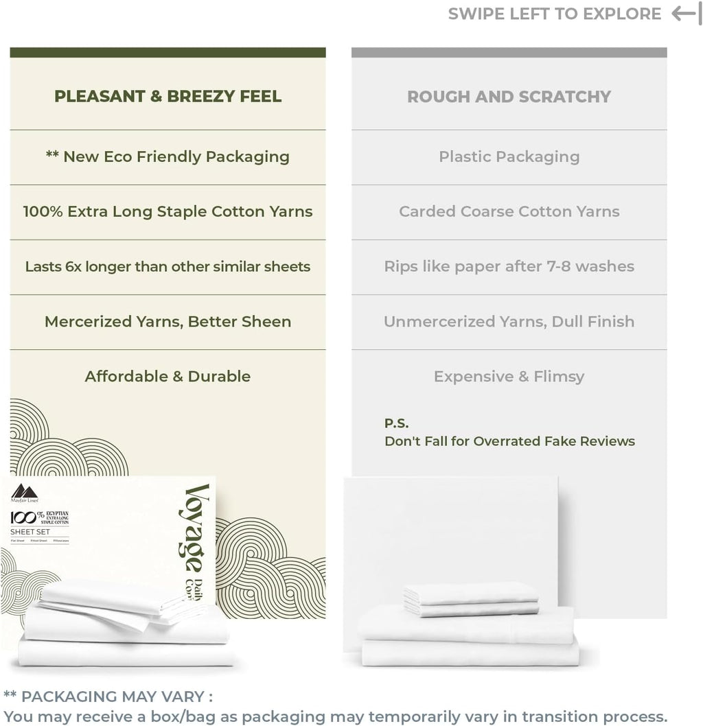 Mayfair Linen 100% Egyptian Cotton Queen Sheet Set Pack of 2 - Luxury 600 Series Voyage Collection Egyptian Cotton Sheets Queen Size (8 PC, White), Soft, Cooling, 16' Deep Pocket Hotel Bed Sheet Set