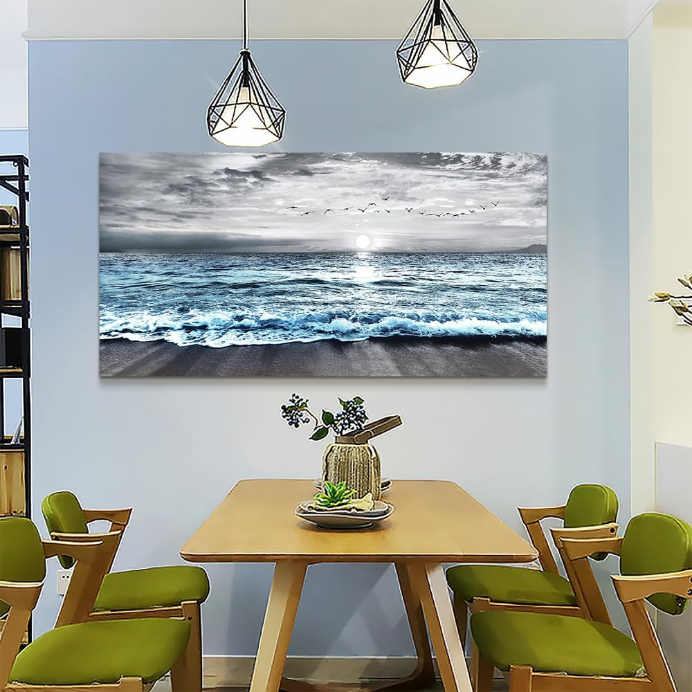 Large Size Wall Decorations For Living Room Framed Canvas Wall Art For Bedroom Office Wall Decor Black And White Wall Painting Blue Ocean Sea Wave Pictures Artwork Beach Posters Home Decor 30' X60