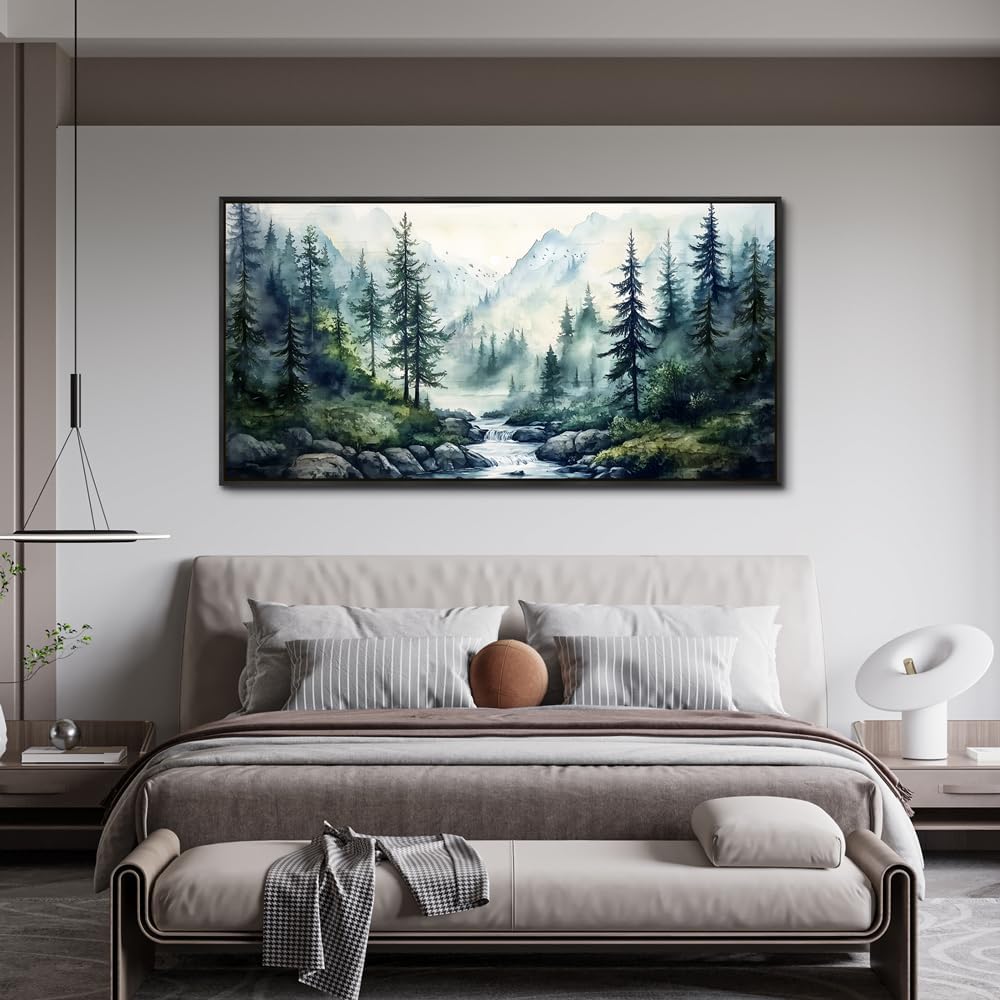 ZUITINGHUA Black Framed Canvas Wall Art For Living Room Large Wall Decor For Office Bedroom Decoration Misty Forest Picture Tree landscape Paintings Artwork Wall Mural Aesthetic Home Decor 30x60 In