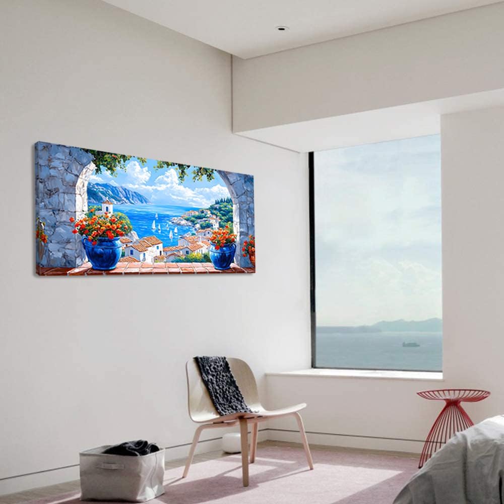 LAVIKARS Seascape Wall Art Navy blue Oil Painting Reproduction Print Modern window view Canvas Paintings Artwork Landscape Picture for Living Room Bedroom Home Kitchen Decor (28x58inch)