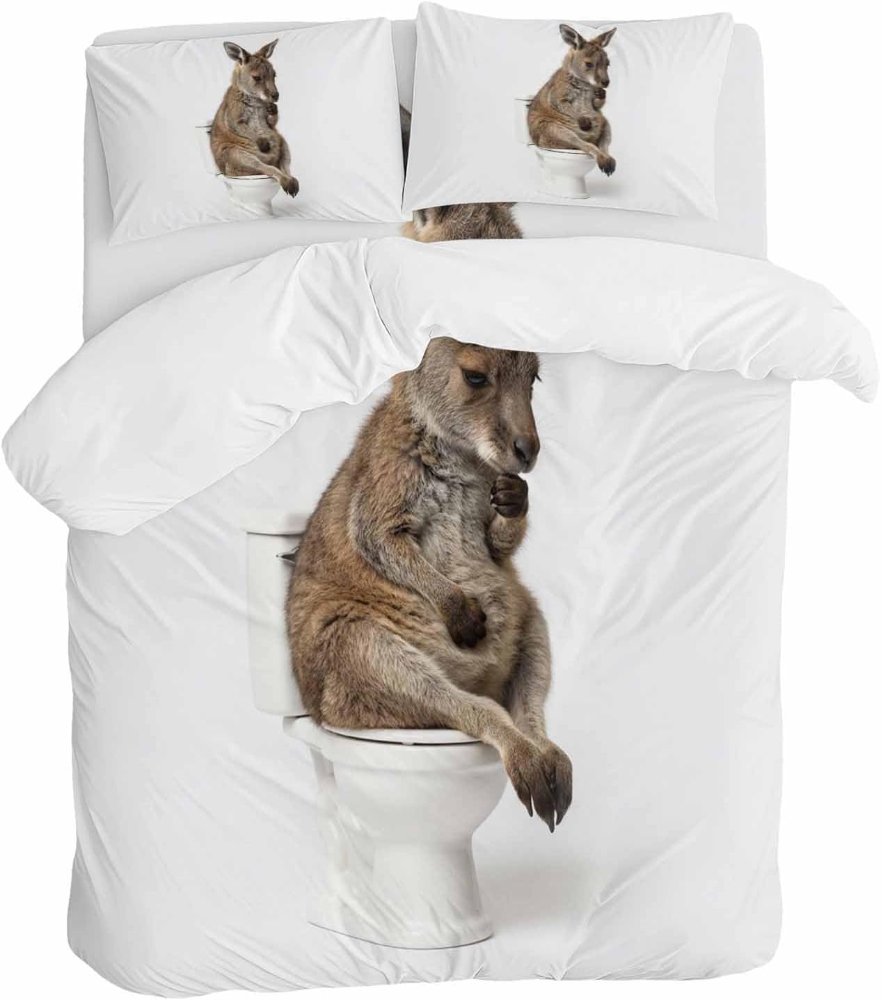Kangaroo Sitting on The Toilet Thinking Duvet Cover Set Queen Size 4 Pieces Abstract Funny Animal Bedding Set with Zipper Closure, 1 Comforter Cover 90x92 Inches 1 Flat Sheet & 2 Pillow Cases