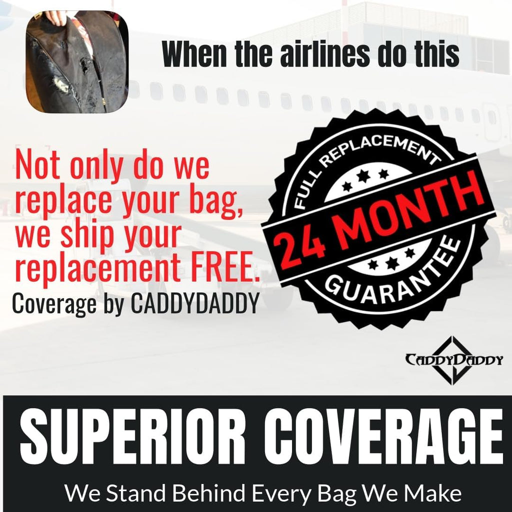 CaddyDaddy First Class Military Grade Ballistic Nylon Travel Cover with EVA Dense Foam Top Padding 2 Year Full Replacement Coverage Self Standing Base XL Wheels Case for Transporting Clubs on Airlines