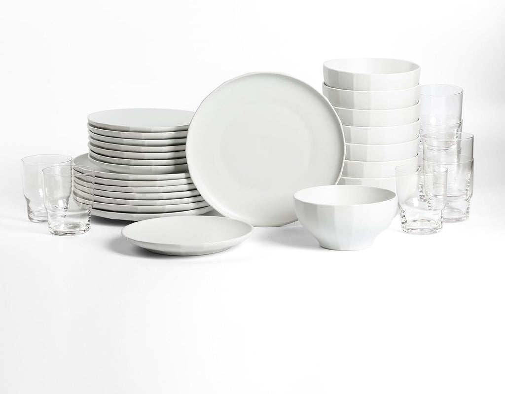 Stone Lain Rio Stoneware 32 Piece Dinnerware Set, Plates and Bowls Sets, Beige Dish Set with Clear Fluted Glasses, Service for 8, Microwave and Dishwasher Safe