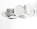 Stone Lain Rio Stoneware 32 Piece Dinnerware Set, Plates and Bowls Sets, Beige Dish Set with Clear Fluted Glasses, Service for 8, Microwave and Dishwasher Safe
