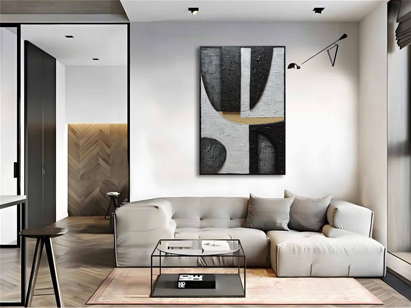 zoinart Black Framed Wabi-sabi Artwork Wall, Black and White Textured Wall Art, Modern Abstract Painting Minimalist Contemporary 24x36 Inch Wall Art