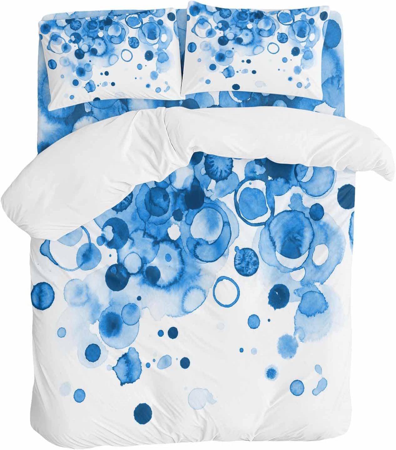Abstract Duvet Cover Set Queen Size 4 Pieces Blue Gradient Watercolors Ink Points Minimalist Style Bedding Set with Zipper Closure, 1 Comforter Cover 86x86 Inches 1 Flat Sheet & 2 Pillow Cases