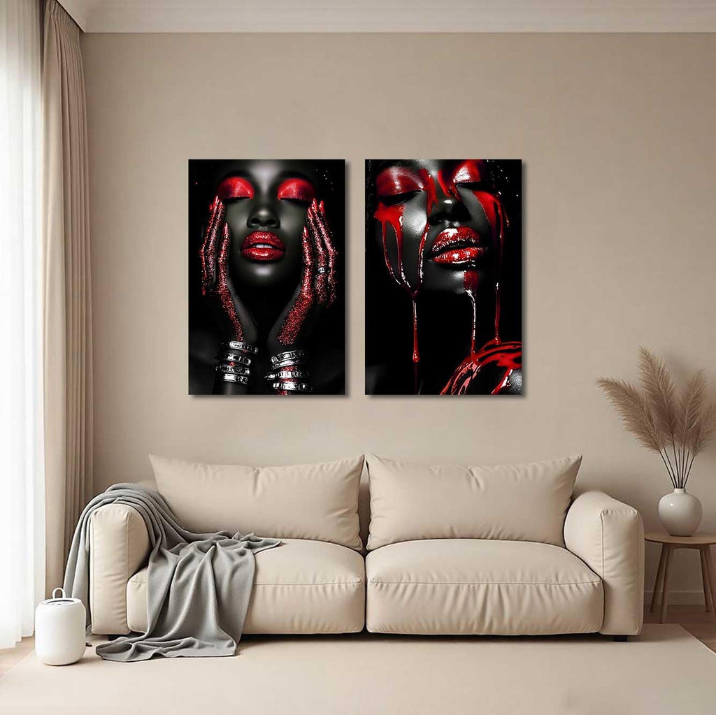 BJYCHG 2Pcs African American Canvas Wall Art Abstract Black Woman Face Painting Prints Fashion Black Female Portrait Poster Pictures Modern Girl Bedroom Room Decor (Red, (24x36inx2 Pieces))