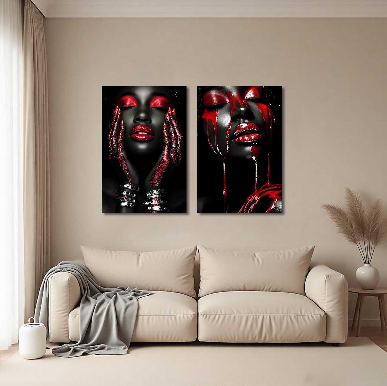 BJYCHG 2Pcs African American Canvas Wall Art Abstract Black Woman Face Painting Prints Fashion Black Female Portrait Poster Pictures Modern Girl Bedroom Room Decor (Red, (24x36inx2 Pieces))