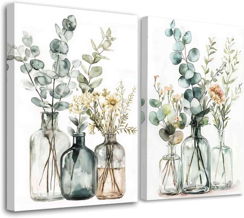 YMXDYMJSW 2 Piece Eucalyptus Sage Canvas Wall Art Green Floral Leaves Picture Prints Boho Wildflower Botanical Painting Sage Green Eucalyptus Plant Poster for Bathroom (24.00' x 36.00' x 2PCS)