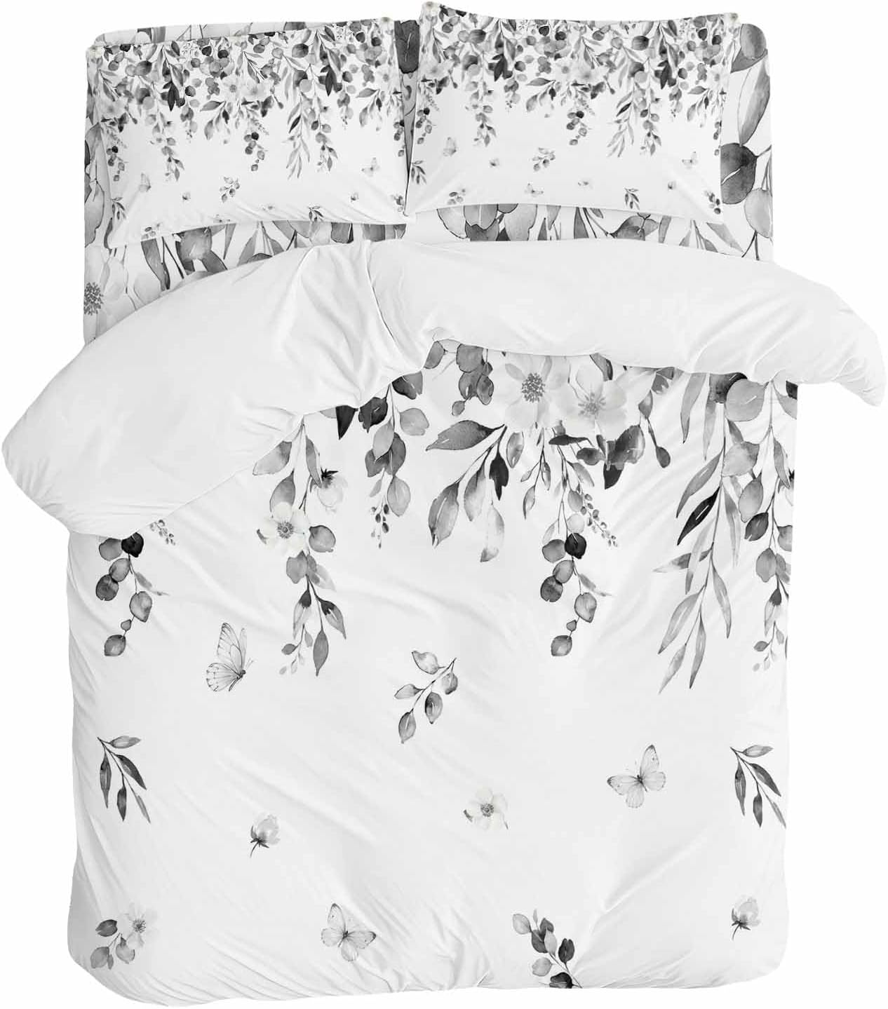Summer Botanical Duvet Cover Set Queen Size 4 Pieces Gray Eucalyptus Leaves Rustic Farmhouse Pastoral Bedding Set with Zipper Closure, 1 Comforter Cover 90x92 Inches 1 Flat Sheet & 2 Pillow Cases
