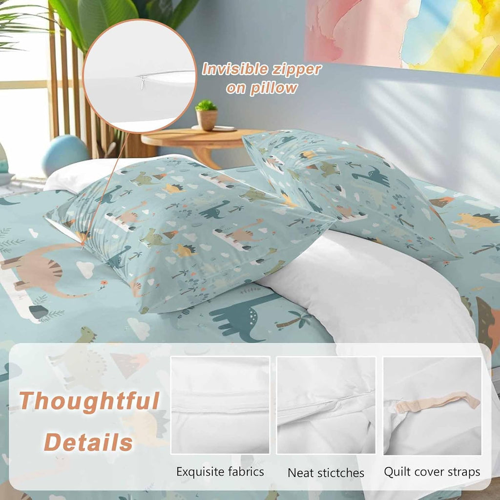 Green Cute Dinosaurs Duvet Cover Set Queen Size 4 Pieces Lovely Colorful Cartoon Animals Tree Cloud Bedding Set with Zipper Closure, 1 Comforter Cover 90x92 Inches 1 Flat Sheet & 2 Pillow Cases