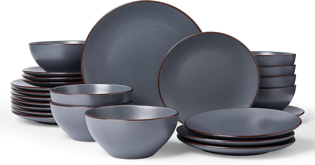 Famiware Venus Plates and Bowls Sets with Trim, 24 Pieces Speckled Stoneware Dinnerware Set for 8, Matte Charcoal - Microwave & Dishwasher Safe, Modern Minimalist, Dishes for Everyday & Formal Dining
