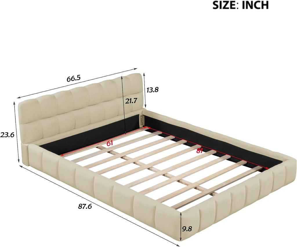 Upholstered Platform Bed, Bed with Square Grid Soft Bag,Platform Bed with Thick Fabric, Grounded Bed with Solid Frame, Queen Size,Beige