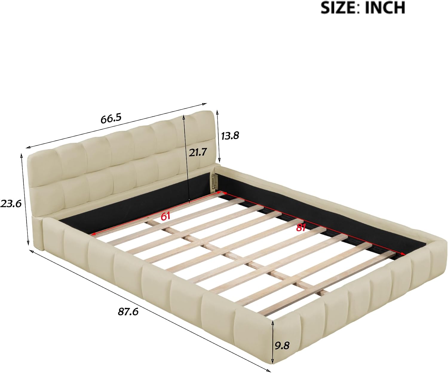 Upholstered Platform Bed, Bed with Square Grid Soft Bag,Platform Bed with Thick Fabric, Grounded Bed with Solid Frame, Queen Size,Beige
