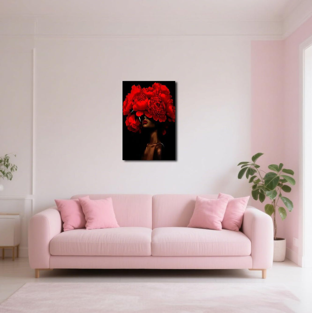 SWQYLB African American Canvas Wall Art Black Women Flower Head Pictures Prints Abstract African Girl Portrait Painting Framed Artwork for Girl Room Decor (Red, 42L x 28W)