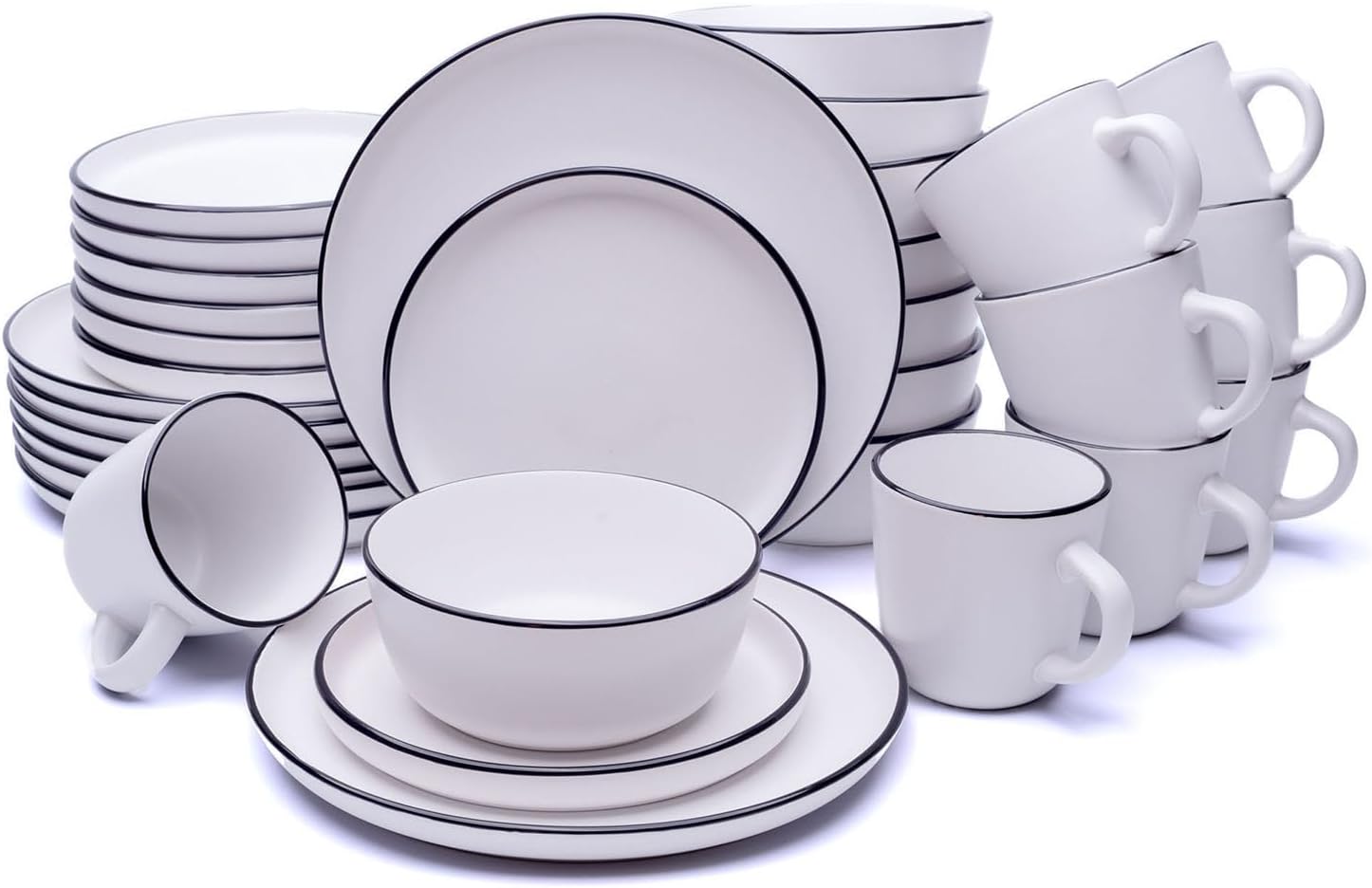 MÜLLERHEIM 903 Minimalist Collection 32-Piece Contemporary Ceramic Stoneware Dinnerware Sets for 8, Matte Frost White Plates and Bowls sets, Dinner Plates Set, Salad Dish Set, Bowls, Cup