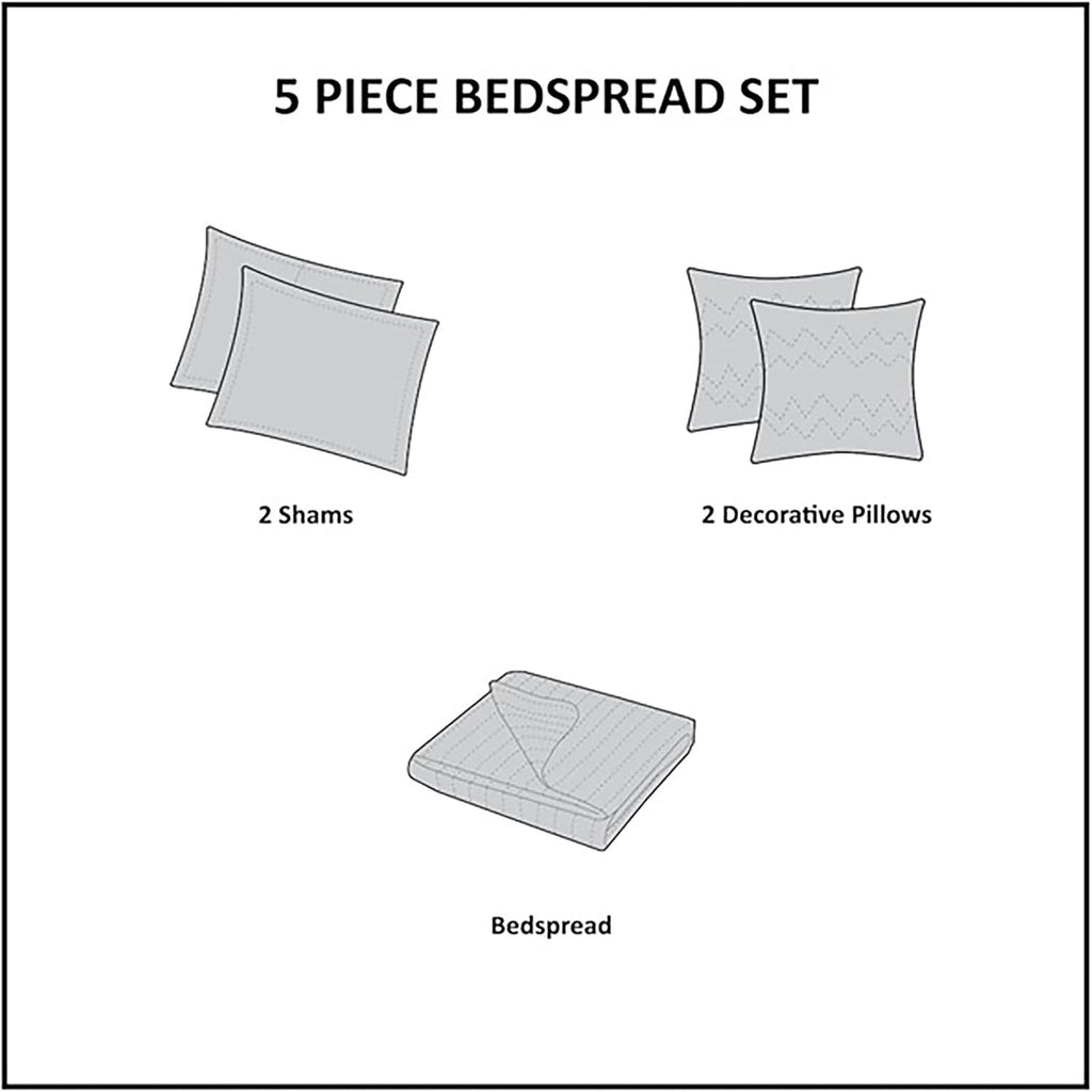 Madison Park Princeton Reversible Quilted Bedspread Set, Solid Reverse Summer Breathable, Lightweight All Season Bedding Layer, Matching Shams, Bedspread Queen(102'x118'), Blue 5 Piece