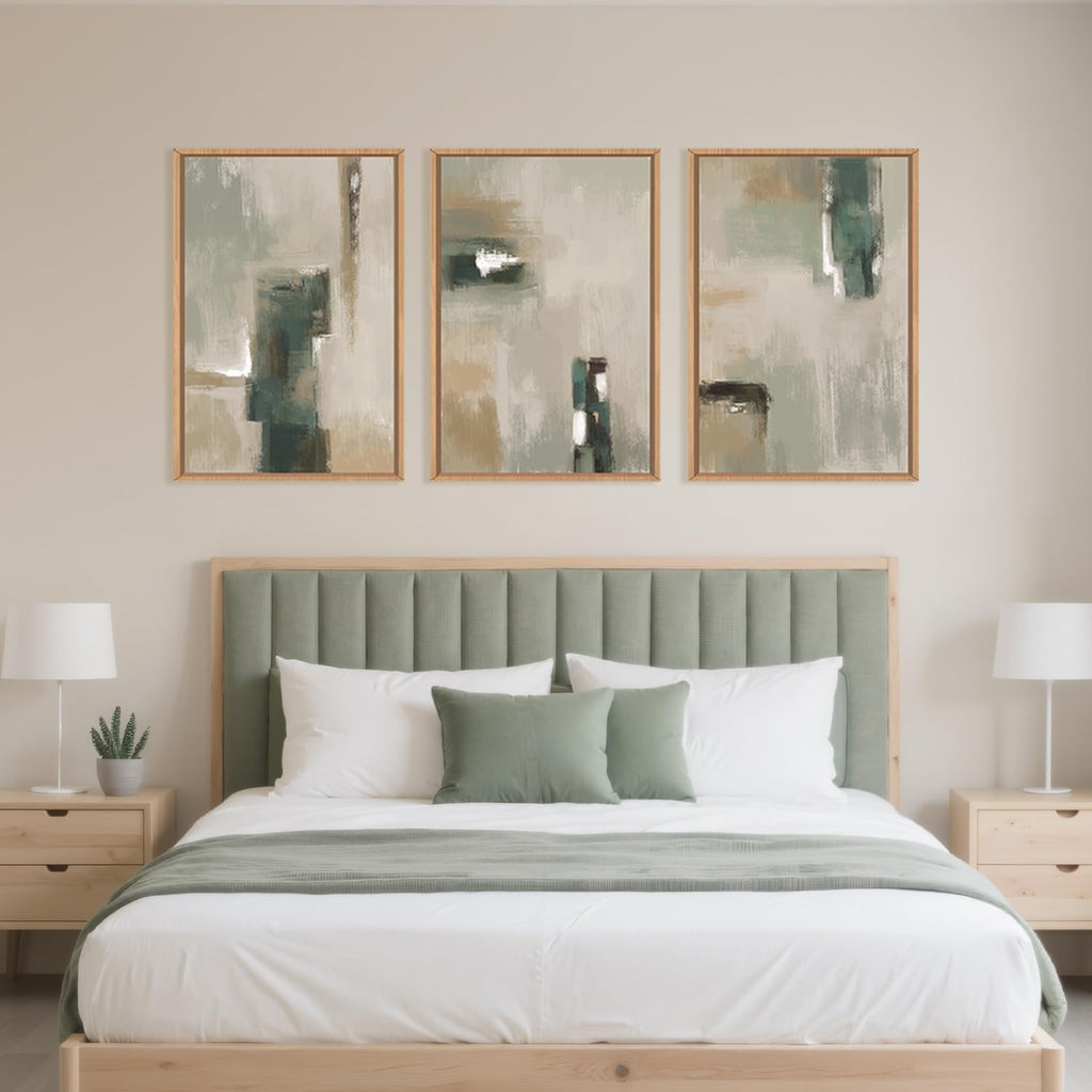 Large Abstract Green Brown Framed Canvas Wall Art,Modern Brush Stoke Wall Decor,Neutral Beige Grey Painting,Rustic Minimalist Artwork for Living Room,Bedroom,Dining Room,Office -24'x36'x3