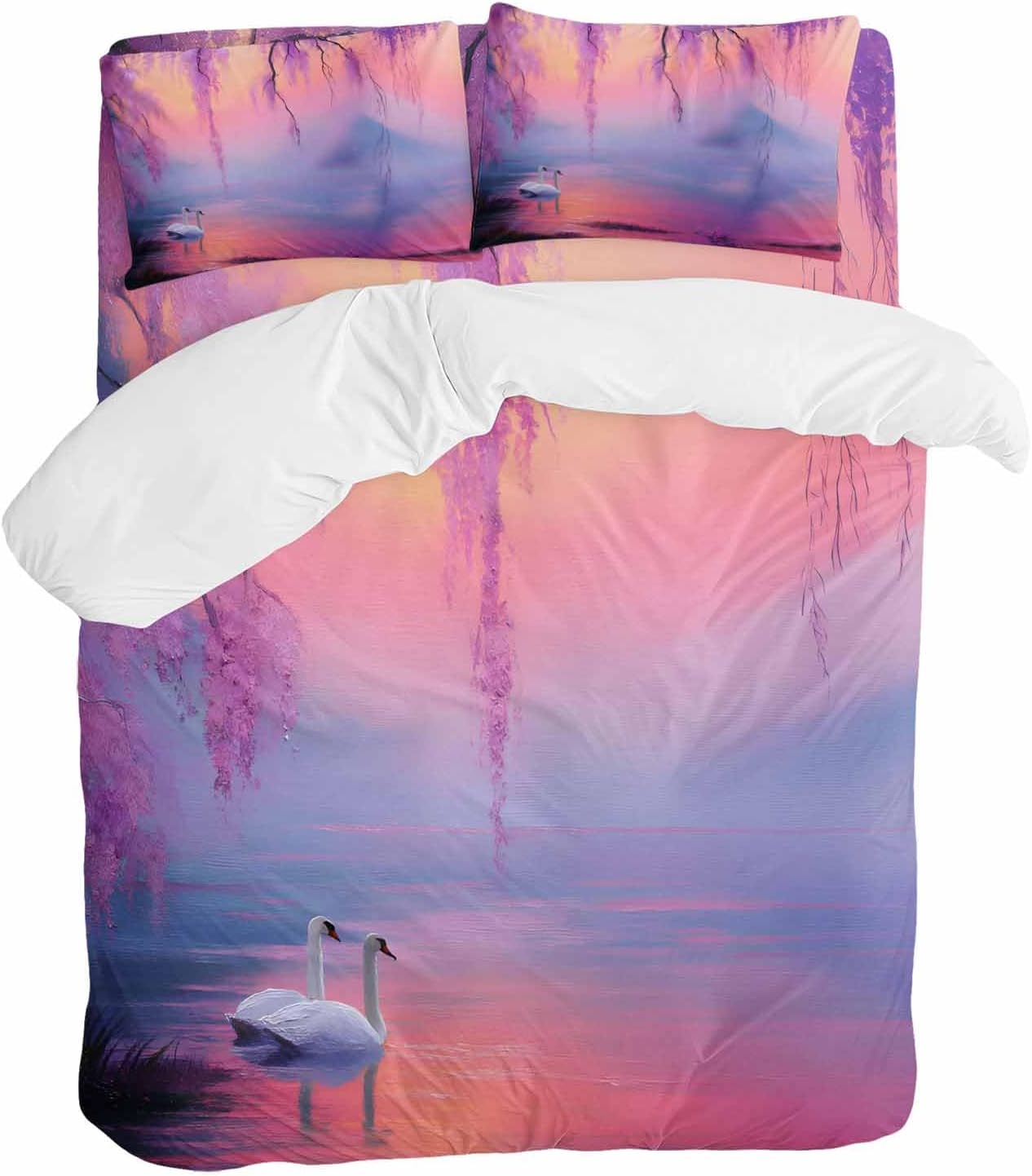 Swan Duvet Cover Set Queen Size 4 Pieces Oil Painting Spring Wisteria Gradient Pink Blue Lake Bedding Set with Zipper Closure, 1 Comforter Cover 86x86 Inches 1 Flat Sheet & 2 Pillow Cases