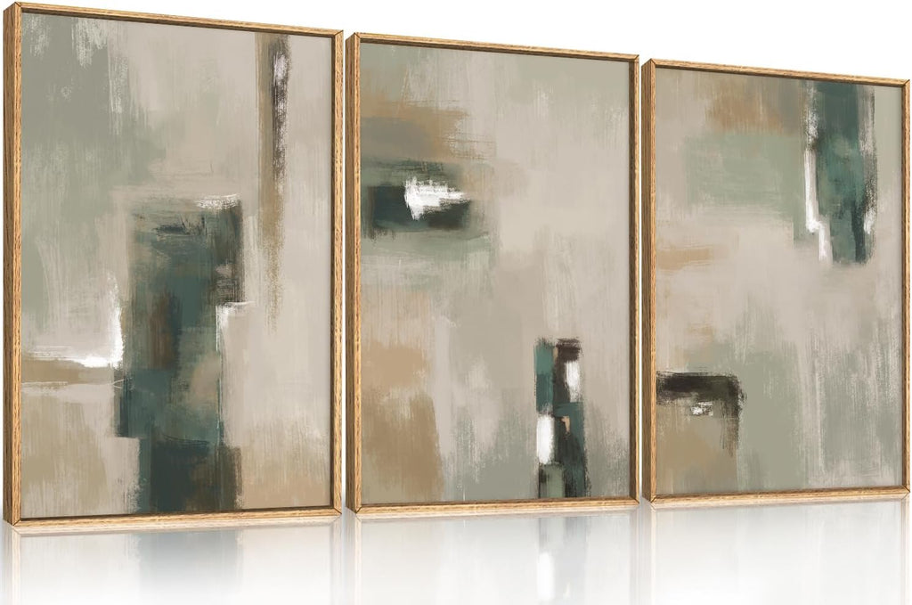 Large Abstract Green Brown Framed Canvas Wall Art,Modern Brush Stoke Wall Decor,Neutral Beige Grey Painting,Rustic Minimalist Artwork for Living Room,Bedroom,Dining Room,Office -24'x36'x3