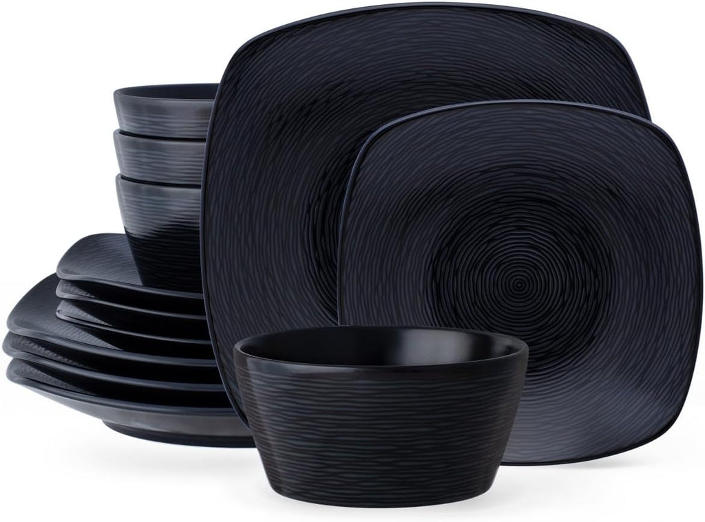 Noritake Colorscapes Black-on-Black Swirl 12-Piece Square Dinnerware Set, Service for 4