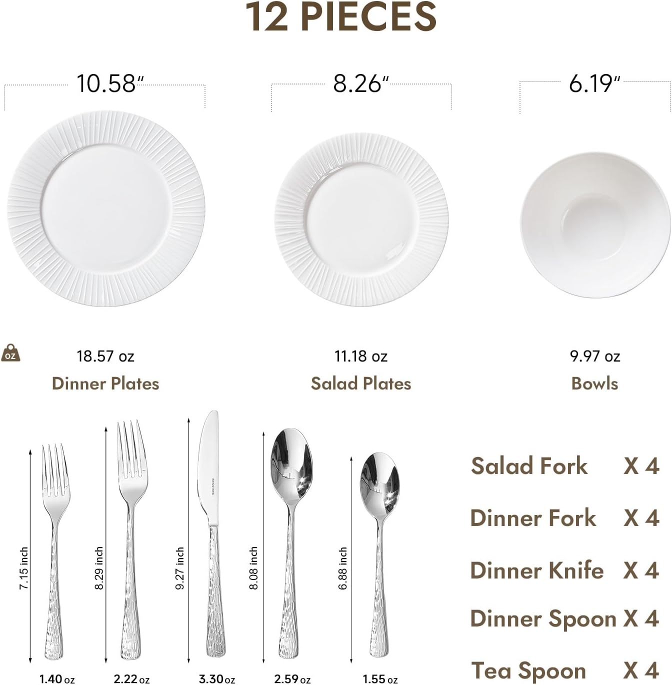 KINGSTONE 12-Piece Bone China Dinnerware Set with 20-Piece flatware, White Lightweight Porcelain Service for 4, for Family Dining, Restaurants, Gifting，Microwave and Dishwasher Safe