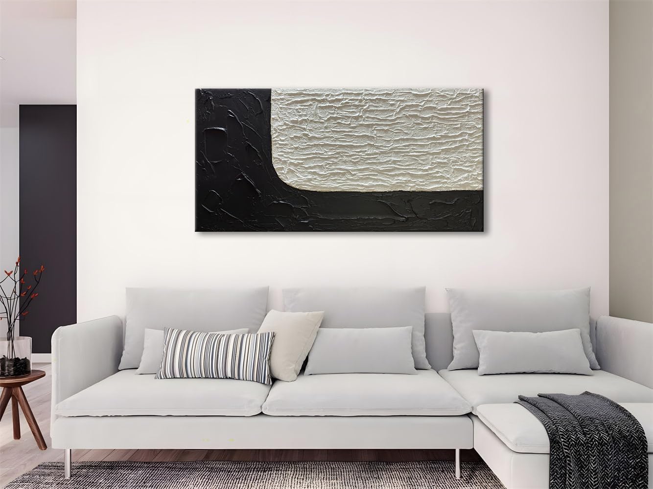 zoinart Large Black and White Textured Wall Art, Abstract Oil Paintings Modern Contemporary Wall Art, Minimalist Artwork for Home Decorations 48x24 Inches