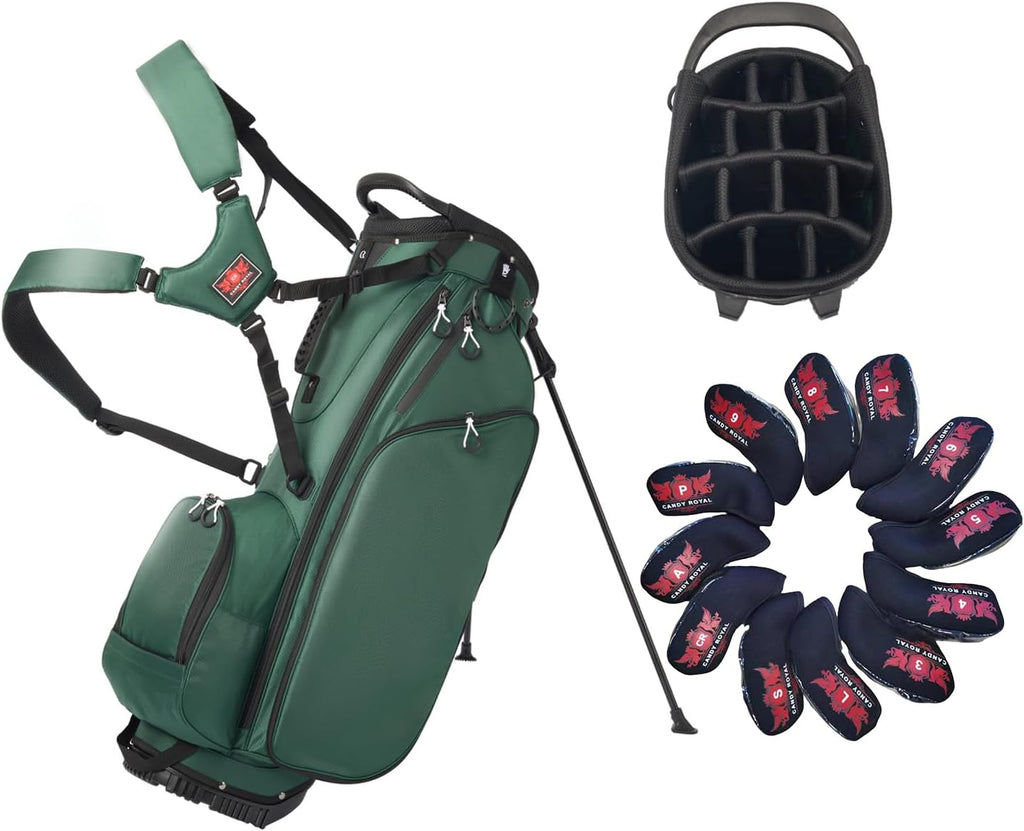 Lightweight Golf Stand Bag with 14 Way Full-Length Dividers, 7 Zippered Pockets and Rain Cover, with Handles and Dual Strap