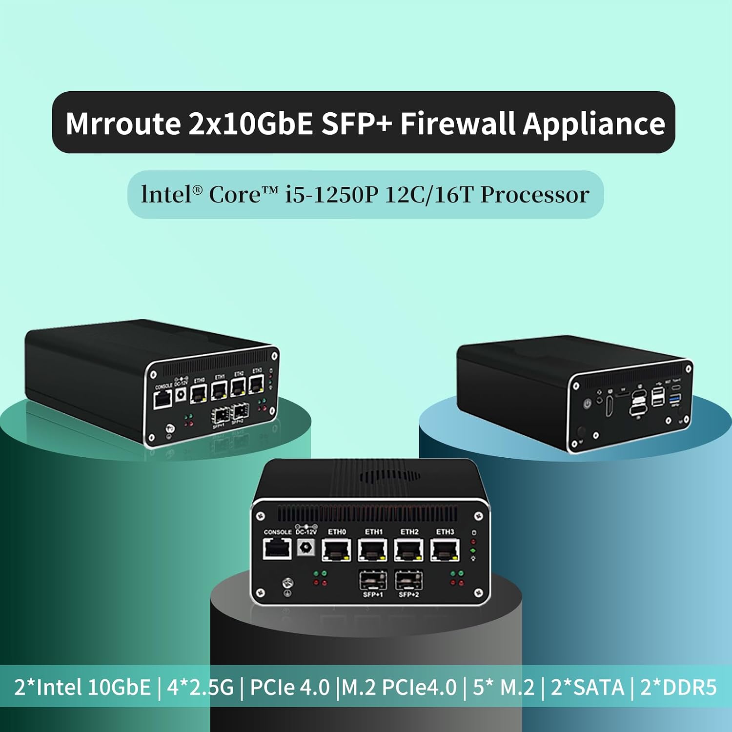 Firewall Appliance Mini PC i5-1250P(12C/16T,Up to 4.4GHz),2xSFP+10GbE Ports,NO RAM NO SSD Barebone Mini Home Server Computer,4xi226-V 2.5GbE,HDMI+DP Triple Display,1xConsole Micro PC