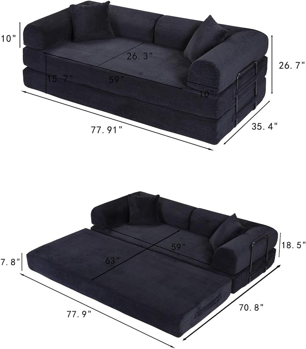 WILLIAMSPACE 77.9' Modern Loveseat Sofa Fold-Out Sofa Bed, Convertible Chair Floor Couch with Removable Backrest, Comfy Sofa Folding Mattress Couch Bed for Living Room, Bedroom, Corduroy, Black