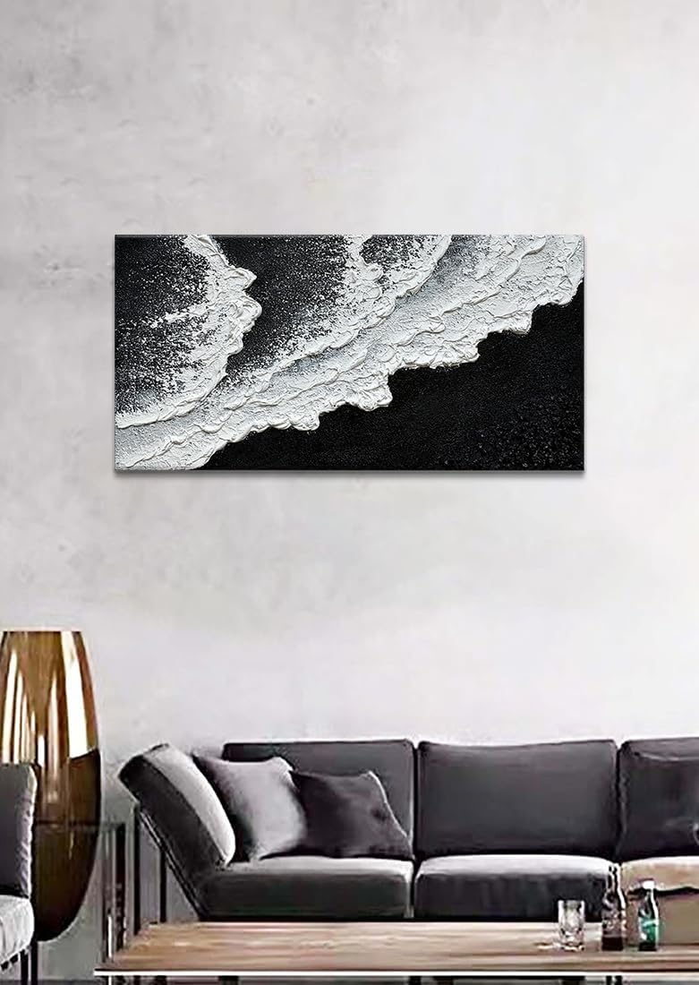 Black and White Beach Wave Textured Wall Art 3D Oil Painting Hand Painted Abstract Canvas Framed 48x24 Inch Acrylic Painting
