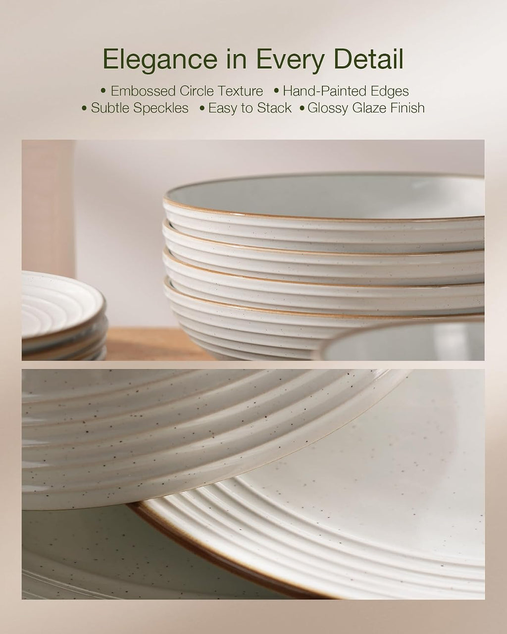 Famiware Jupiter 16-Piece Stoneware Dinnerware Set for 4 - Includes Pasta Bowl & Dinner Plate, Handcrafted Dishes with Speckles & Embossed Swirls, Chip & Scratch Resistant, Daily & Formal Use, White