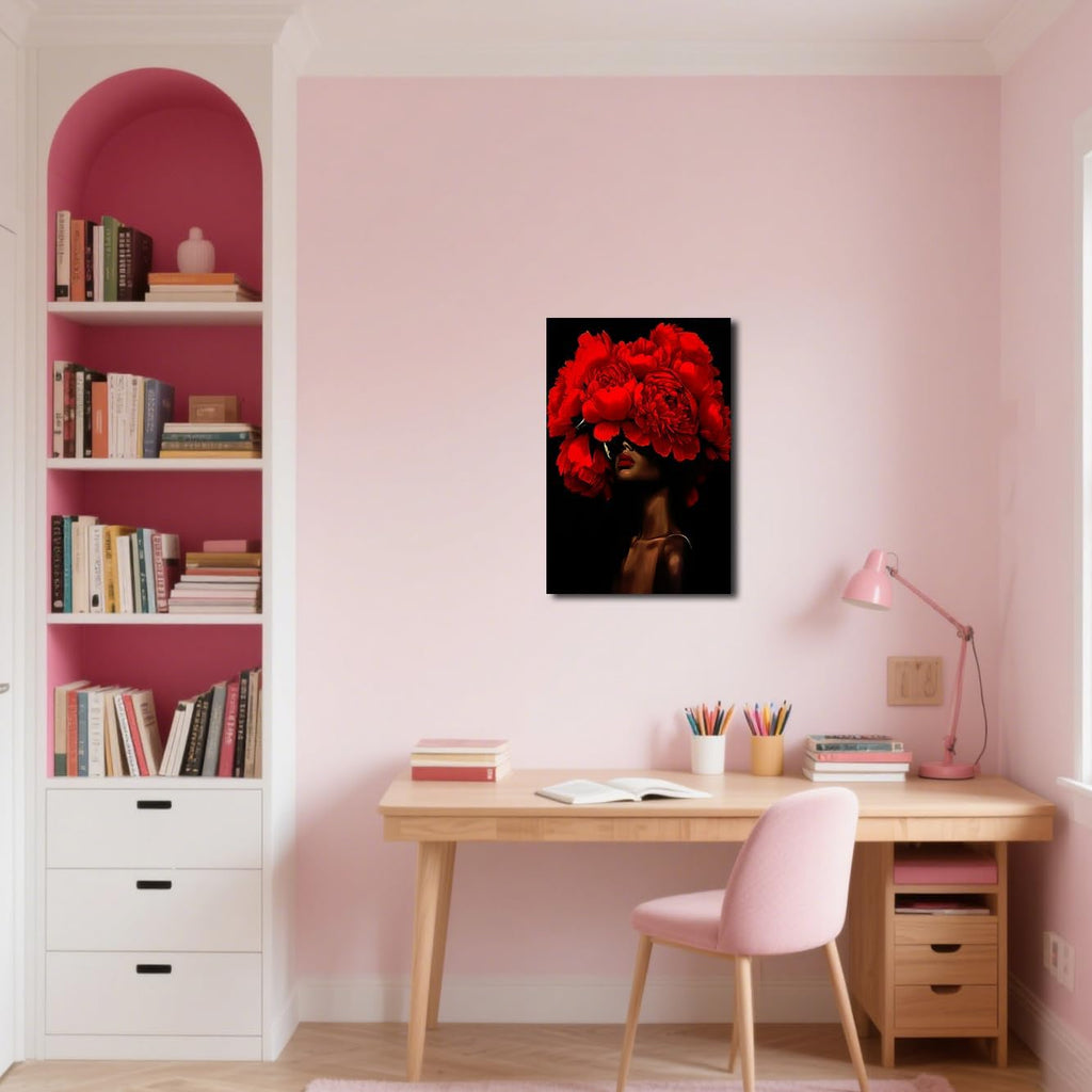 SWQYLB African American Canvas Wall Art Black Women Flower Head Pictures Prints Abstract African Girl Portrait Painting Framed Artwork for Girl Room Decor (Red, 42L x 28W)