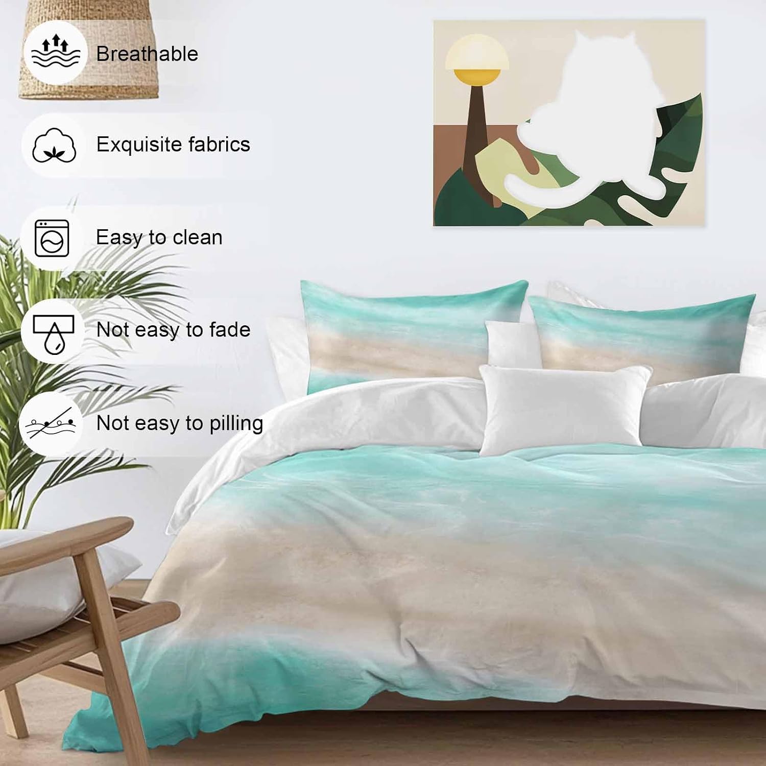 Summer Beach Duvet Cover Set Queen Size 4 Pieces Teal Green Gradient Ocean Wave Beige Sand Abstract Bedding Set with Zipper Closure, 1 Comforter Cover 86x86 Inches 1 Flat Sheet & 2 Pillow Cases