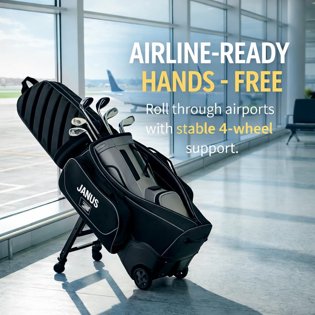 JANUS Golf Travel Bag with Wheels for Airlines, 360° Spinner Golf Travel Case with Collapsible Support Legs System, Reinforced Hard Base Golf Club Travel Bag, Airline-Ready Golf Travel Cover
