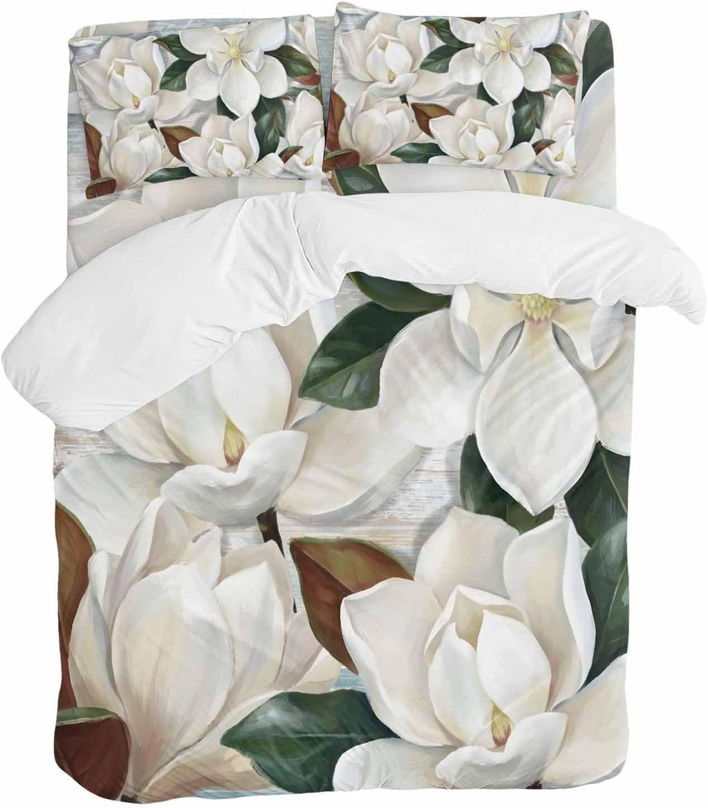 White Floral Duvet Cover Set Queen Size 4 Pieces Spring White Magnolia Vintage Plants Farmhouse Rustic Bedding Set with Zipper Closure, 1 Comforter Cover 90x92 Inches 1 Flat Sheet & 2 Pillow Cases