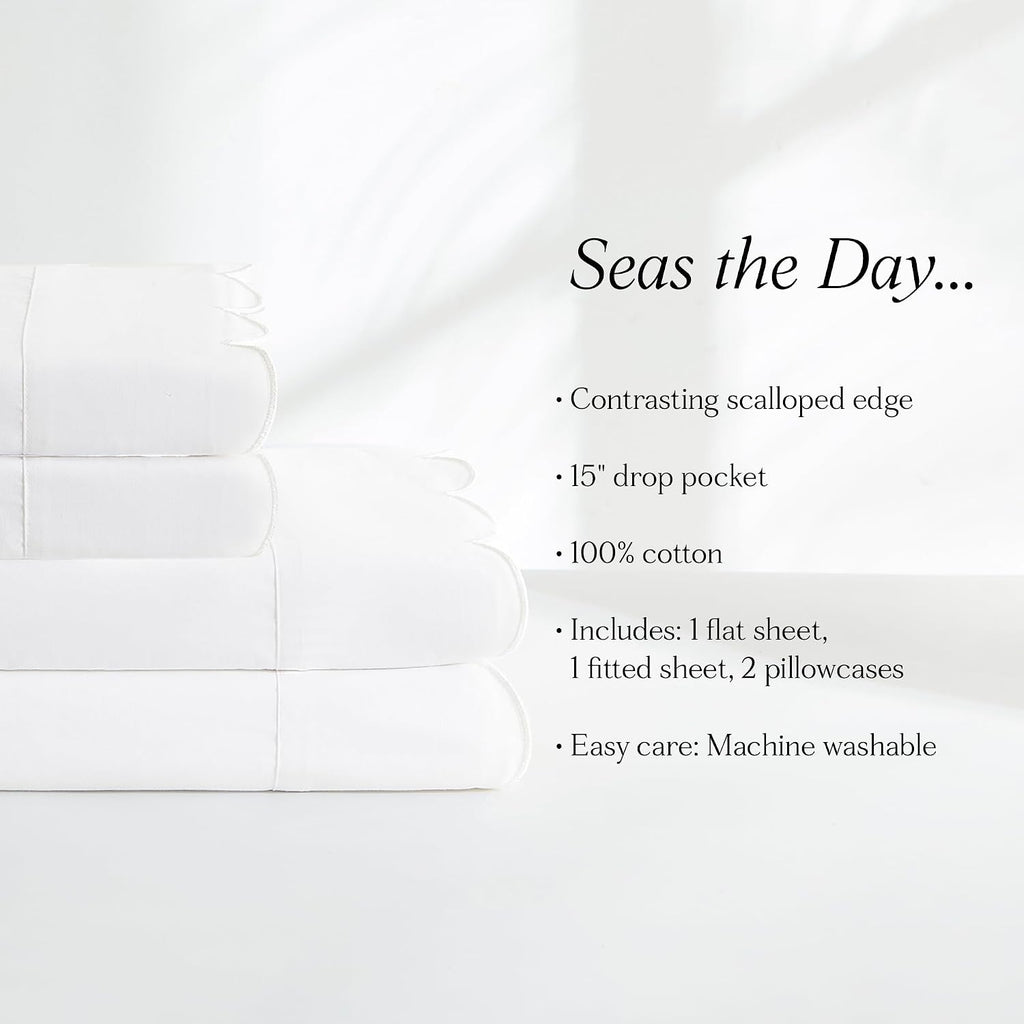 Lush Decor Coastal Chic Scalloped Edge Cotton Sheet Set 4 Piece Set Queen White - White Sheets - Scallop Trim - Bed Sheets - Coastal Decor