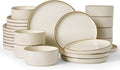 Famiware Star 24-Piece Stoneware Dinnerware Sets with Trim, Service for 8 - Ceramic Plates and Bowls Set, Ribbed Dishes with High Edge, Chip & Scratch Resistant, Microwave & Dishwasher Safe, Cream